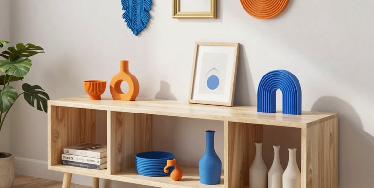Variety of 3D printed gadgets and accessories displayed on a modern shelf