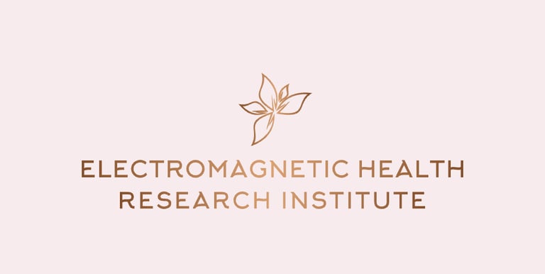 Electromagnetic Health Research Institute logo - gold lettering with light rose background