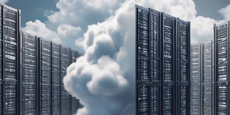 A sleek neon-lit server room glowing in dark blue and cyan hues, reflecting a cyberpunk aesthetic.