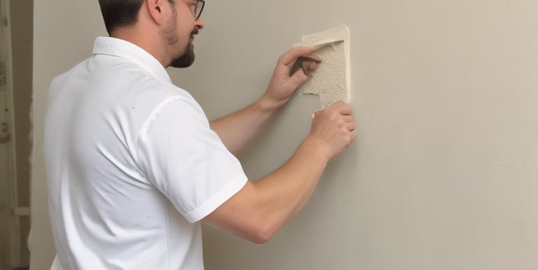 A professional painter in a navy uniform carefully rolling paint on a bright living room wall.