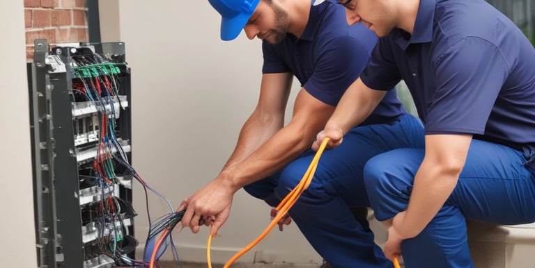 Technician installing fiber optic cables in a modern office building.