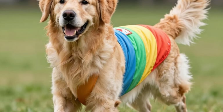  Un perro Golden Retriever feliz corre en un parque luciendo un chaleco para mascotas a rayas de col