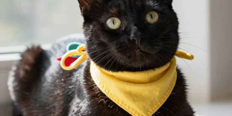 Un gato negro con un pañuelo amarillo está sentado en el alféizar de una ventana luminosa, bañada