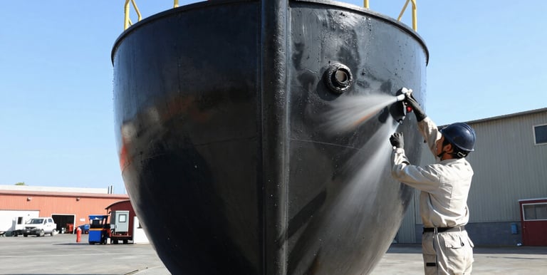 Close-up of a freshly painted ship hull glistening under sunlight at the dock.