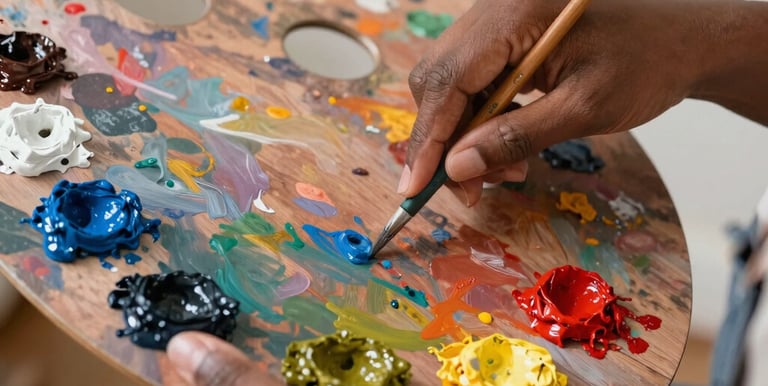 Close-up of a colorful canvas mid-paint, with brushes and palette nearby.