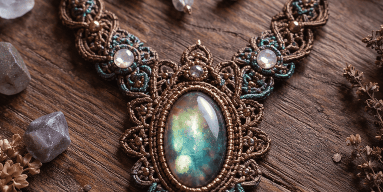Collar de macramé hecho a mano con una piedra de labradorita brillante sobre una superficie rústica
