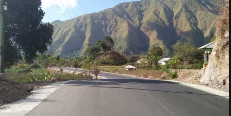 Paved mountain road winding through a lush valley under a bright blue sky with scenic peaks.