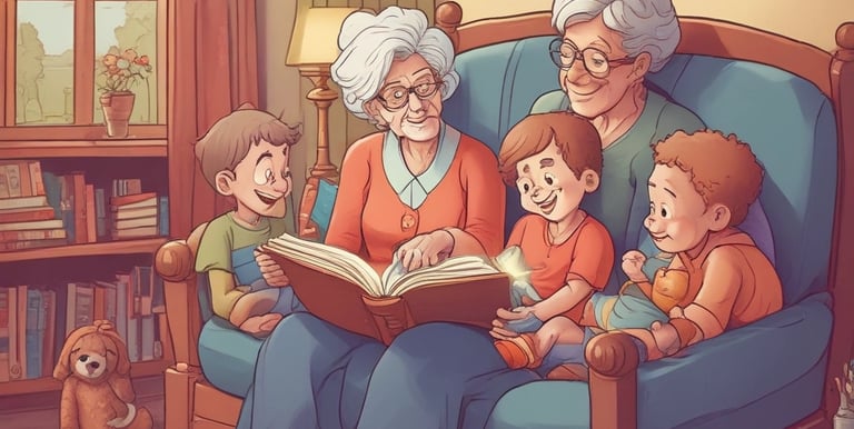 A child smiling while reading a storybook under a soft nightlight