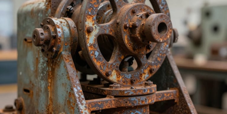 Close-up of handheld laser cleaning device gently removing rust from steel beam on a construction site.