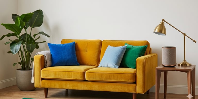 Modern yellow velvet sofa with colorful pillows, a gold desk lamp, and a large indoor plant.