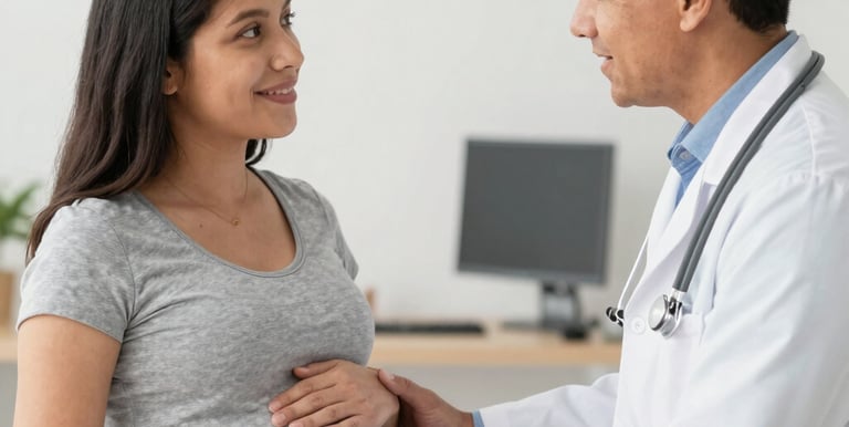 Close-up of a medical professional performing a 3D fetal ultrasound in a bright, clean clinic.