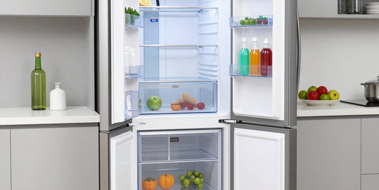 Technician repairing a modern stainless steel refrigerator in a bright kitchen.