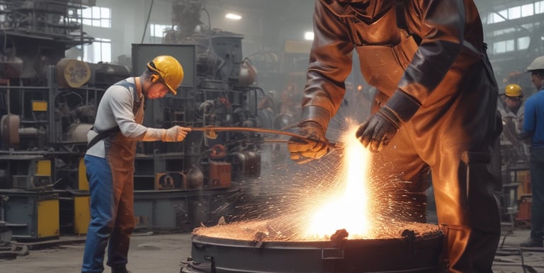 Close-up of molten metal being poured into a casting mould under expert supervision.