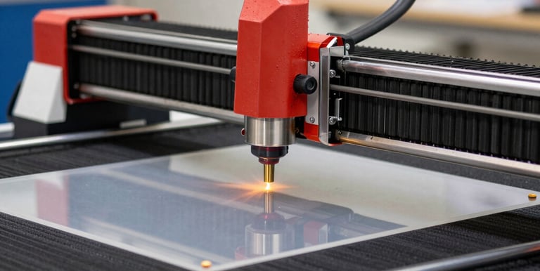 Finished wooden MDF displays and trophies arranged on a workshop table.
