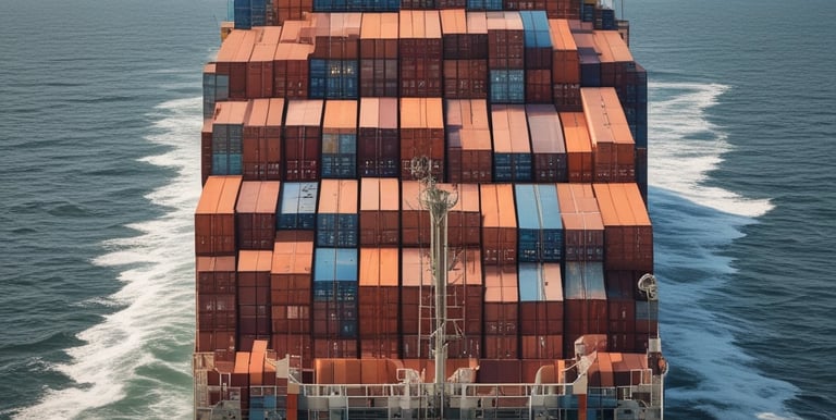 Cargo ship loaded with containers sailing across calm blue ocean waters.