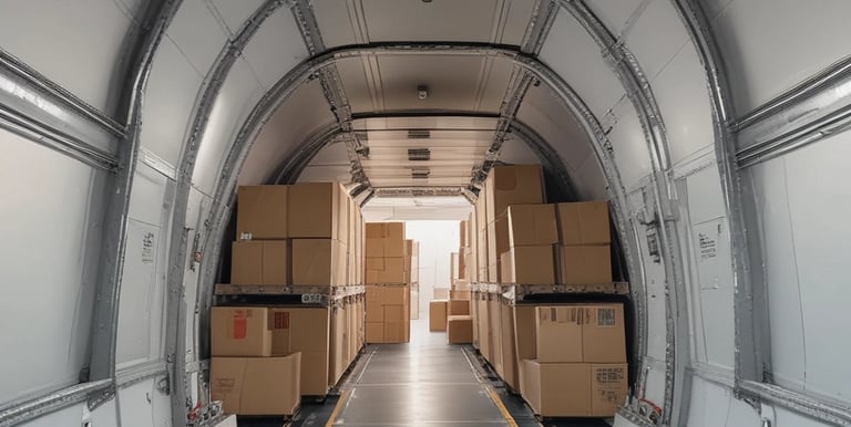 A delivery truck moving swiftly through a vibrant cityscape at sunset.