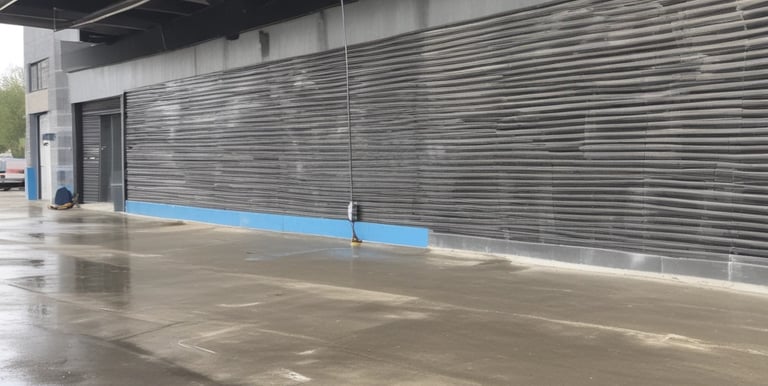 A vibrant exterior wall being painted with a roller brush in bright daylight.