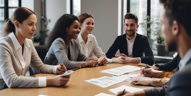 A consultant reviewing contract documents with a client in a modern office.