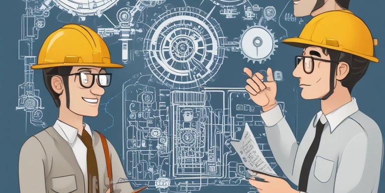 Team collaborating on engineering project plans around a table.