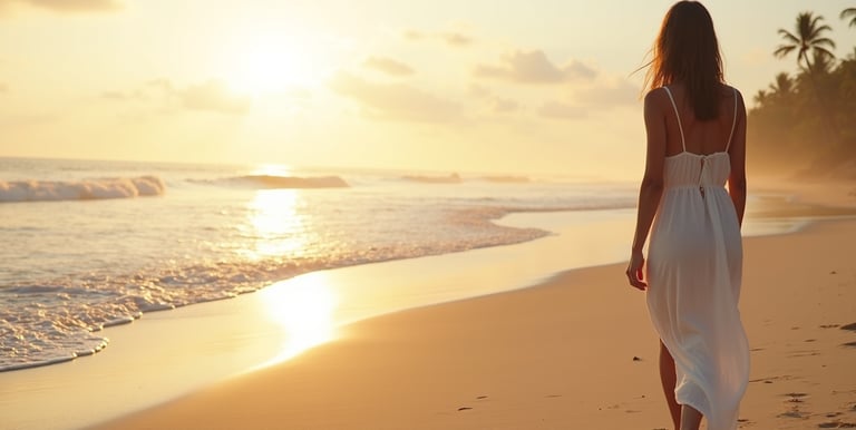 Una mujer con un vestido blanco de verano camina por una playa tropical al atardece