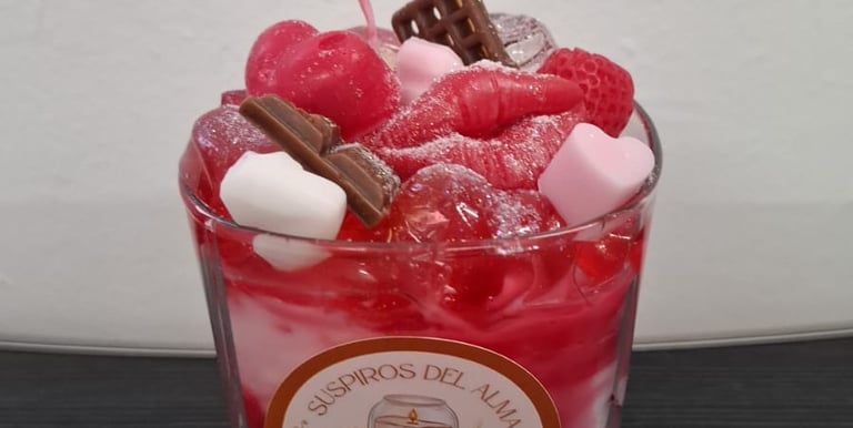 Handmade dessert candle in a glass with red wax fruit, chocolate pieces, and heart toppings.