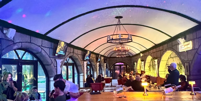 Medieval style wine cellar bar with stone arches, wrought iron chandeliers, and blue atmospheric lighting.