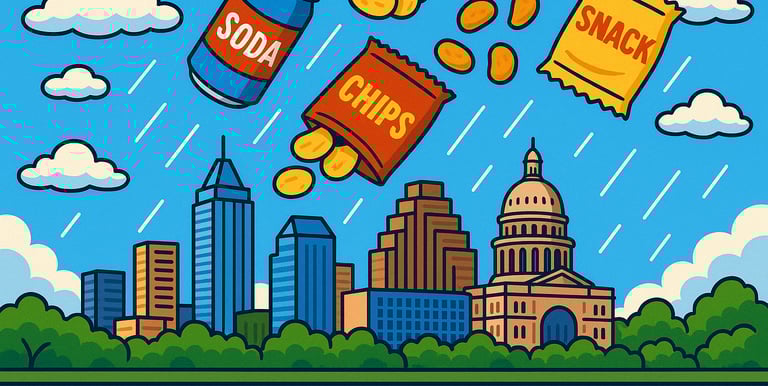 Illustration of snacks raining over the Austin skyline, featuring the Texas Capitol dome — represent