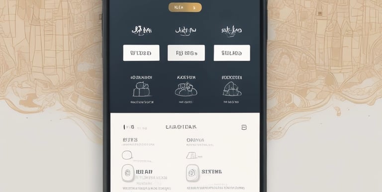 A businessperson using a digital platform on a laptop with icons of hotels, visas, and transport around.
