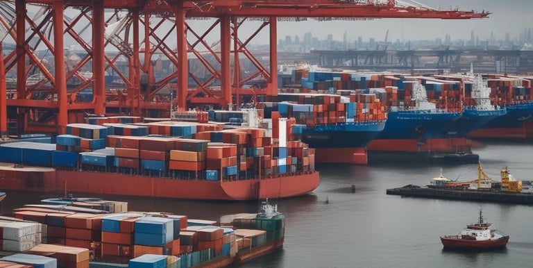 Large cargo ships are docked at a shipping port, with numerous cranes towering over the ships. The sky is overcast, giving the scene a muted, industrial appearance. Containers of various colors are stacked on the ships, indicating active trade and logistics operations.