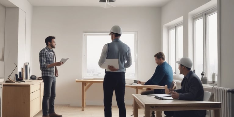 A modern real estate office environment with agents discussing property listings.