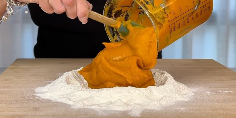 Make the dough with the warm pumpkin purée and flour
