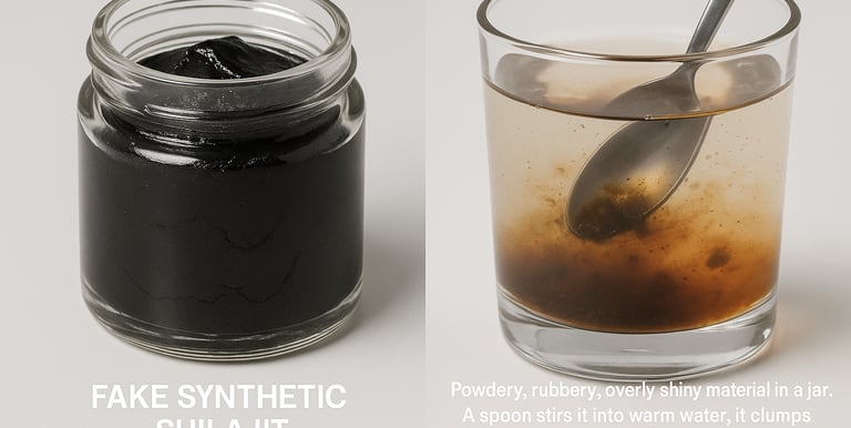 A comparison of fake synthetic shilajit resin in a jar and its poor solubility in a glass of water.