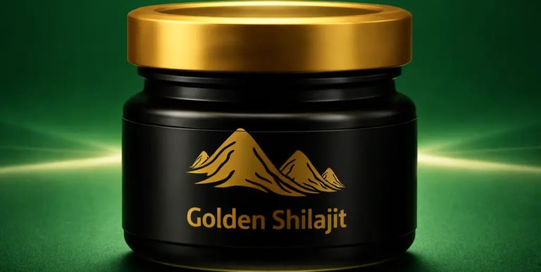 A black glass jar of Golden Shilajit resin with a gold lid on a green background.