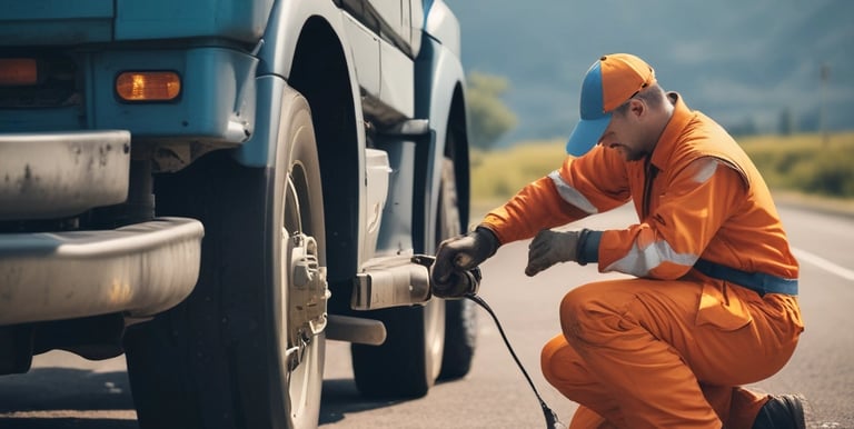 A diesel 18-wheeler being assisted on the roadside.