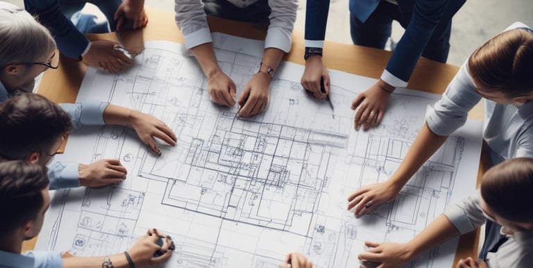 grupo de ingenieros diseñando un plano en una reunion de junta