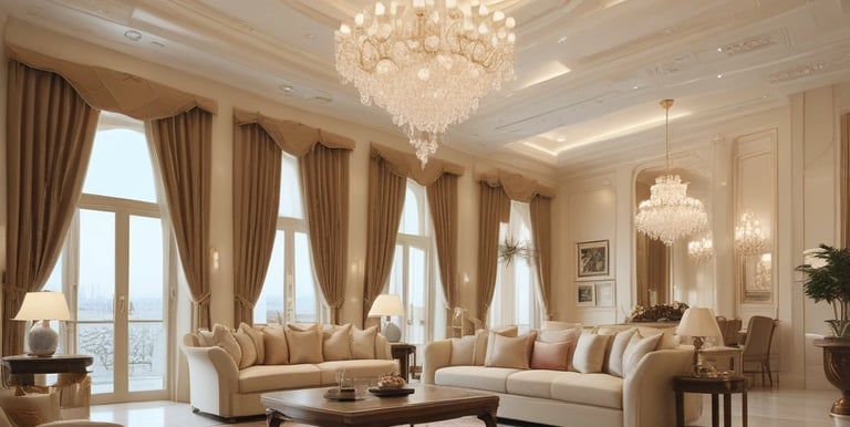 Luxurious living rooms with elegant chandeliers, modern beige sofas and floor-to-ceiling curtains. 