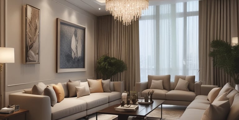 Elegant and spacious living room interiors featuring neutral-toned furniture and crystal chandeliers