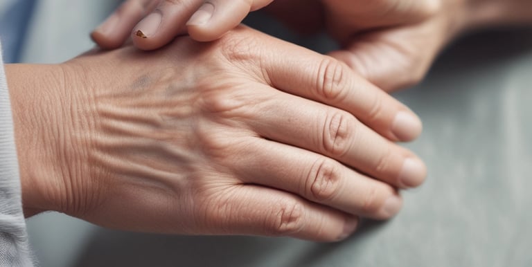A close-up of a younger person's hand resting gently on an elderly person's hand to show comfort and care.