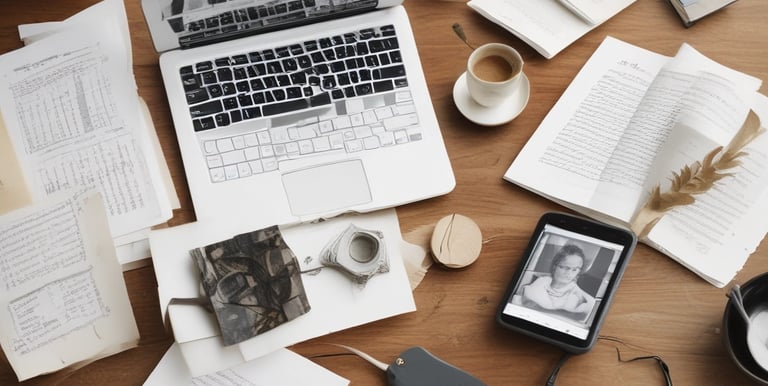 Messy wooden desk workspace with laptop, open books, coffee cup, and paperwork for home office study.