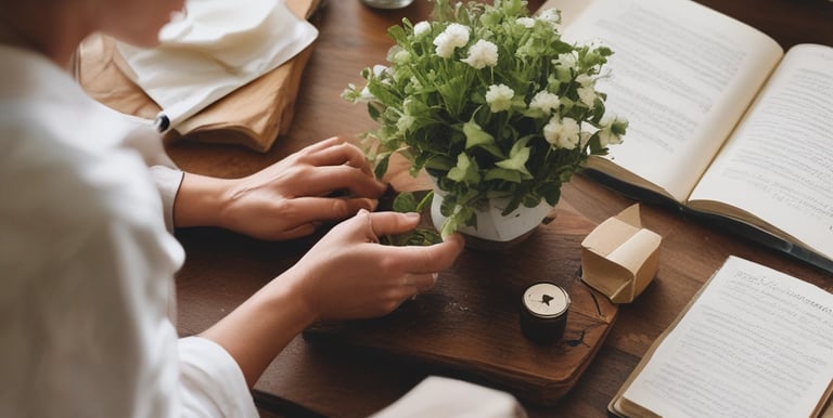 A woman arranging a green potted plant on a wooden table with open books and lit candles for meditation.