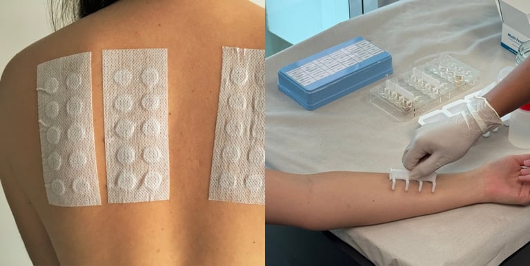 Patch Test (Teste de Contato): Dermatite. Prick Test (Teste de Puntura): Rinite, Asma, Atopia.