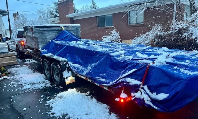 A hot tub on a large trailer to be donated