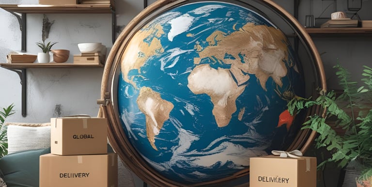 Tropical Hoya plants in shipping box with globe, symbolizing worldwide delivery
