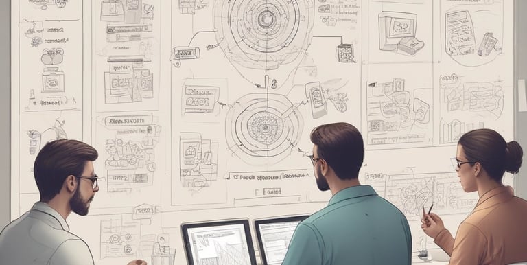 A modern workspace with a focus on technology. In the foreground, there is a black laptop with a distinctive logo placed on a table beside a smartphone propped on a stand. A man is sitting in the background, also using a similar laptop. The setting is minimalistic with a combination of white furniture and a textured brick wall.