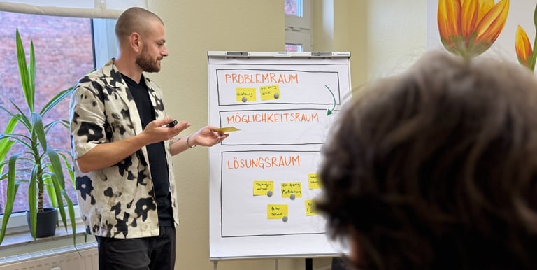 Coach arbeitet mit Klient am Flipchart