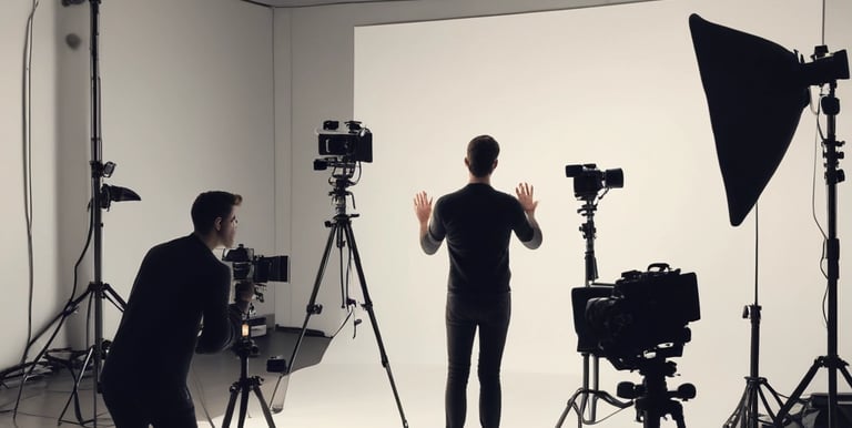 A laptop displaying audio editing software is on a wooden table. Nearby is a large microphone mounted on a stand, and the hands of two people who appear to be talking or recording. An open book is also visible, suggesting note-taking or script reading.