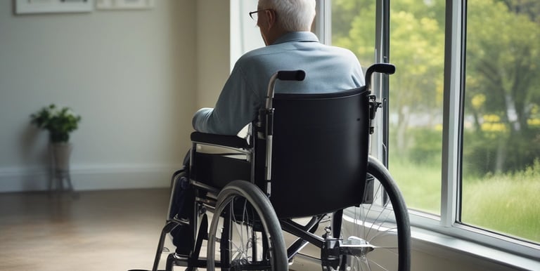 An elderly person with short hair sits in front of a closed wooden door, wearing a sleeveless shirt, and appears to be making a gesture with one hand. The setting suggests an indoor environment with faint natural light coming through a window, partially covered with lace curtains.