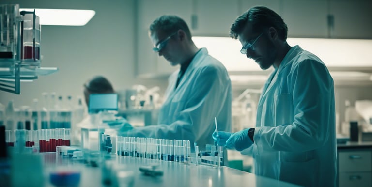 Two male scientists in lab coats and safety glasses conducting pharmaceutical research with test tubes.