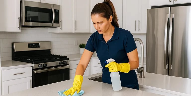cleaning professional wiping a modern kitchen counter