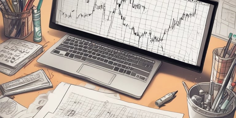 A laptop on a table displaying a cryptocurrency trading platform. The screen lists various cryptocurrencies along with their buy and sell values, spread percentages, and 24-hour change percentages. The keyboard and touchpad of the laptop are visible, set against a neutral background with a sofa in the back.